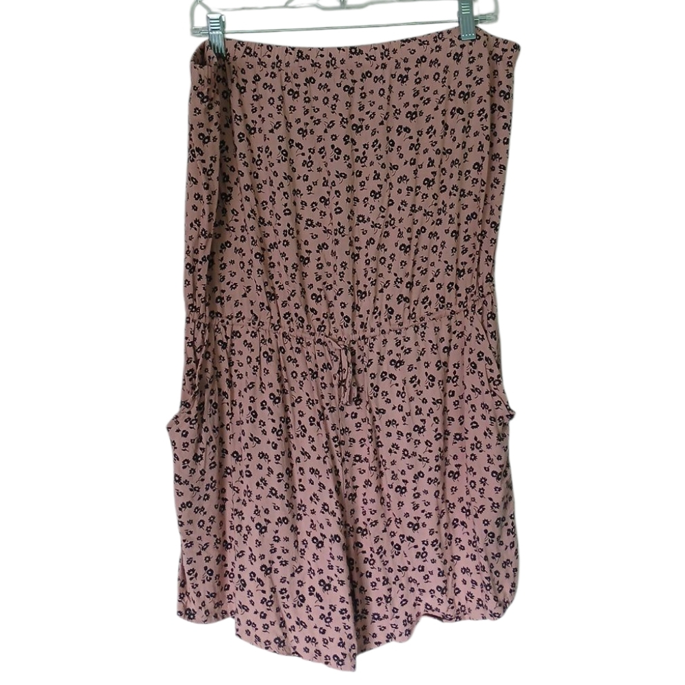Forever 21 Strapless Pink Romper With Black Flower Print And Drawstring Waist 1X